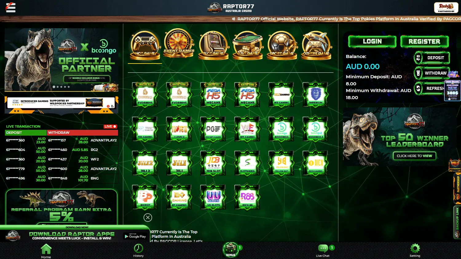 Raptor 77 Casino home view on desktop with the $1,188 no-deposit offer