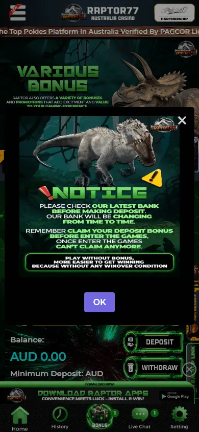 Raptor 77 Casino home view on mobile with the casino offer