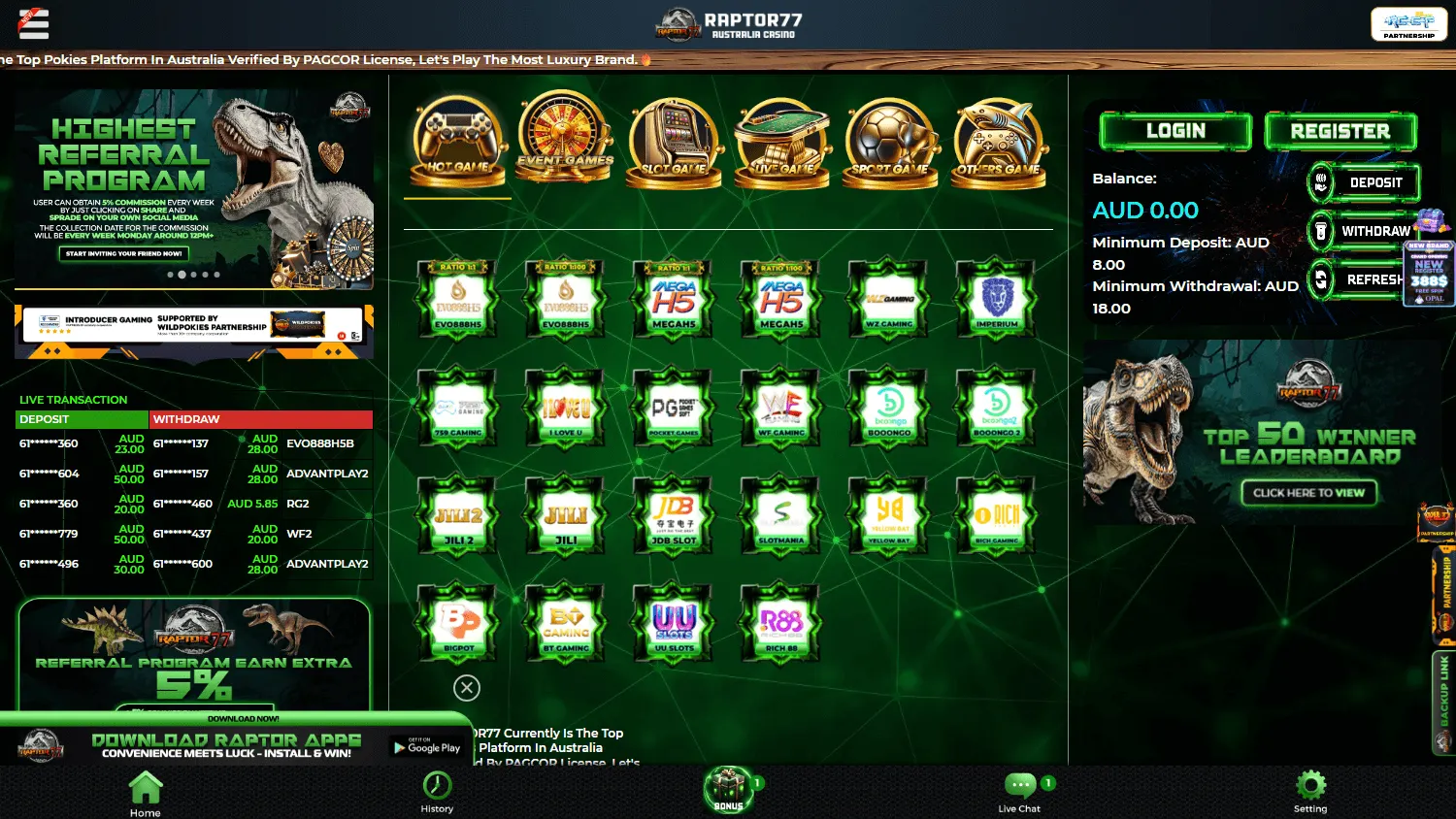 Raptor 77 Casino promotions view on desktop with deposit matches and free-play offers