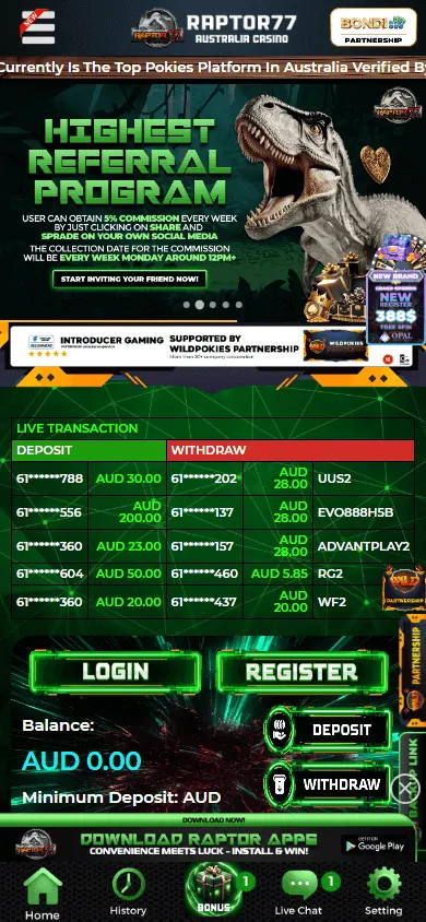 Raptor 77 Casino promotions view on mobile with promotional offers
